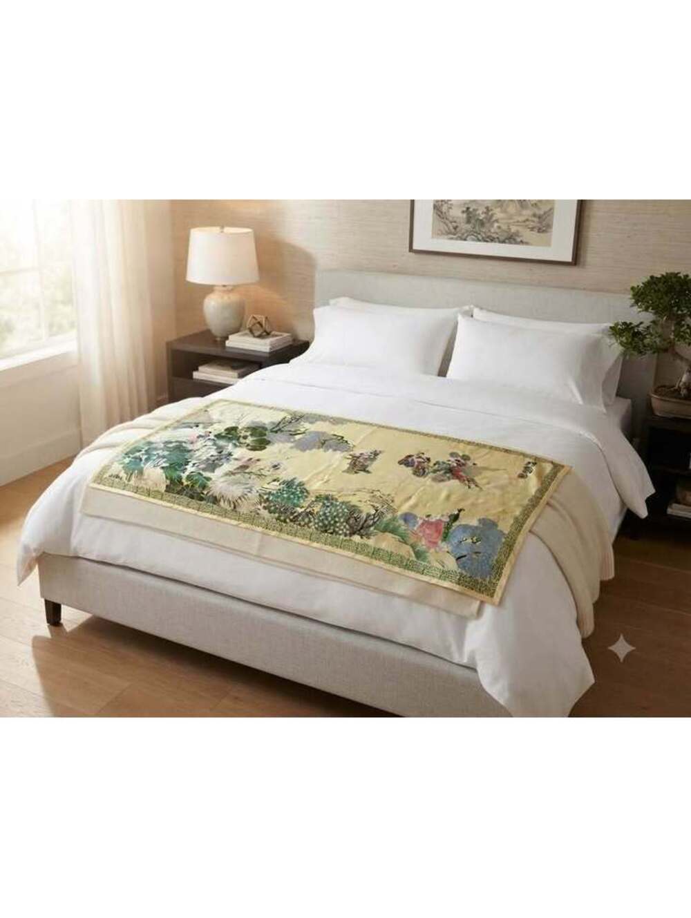Vintage Asian Silk ArtWall Hanging or Bed Runner– Chinoiserie Decor